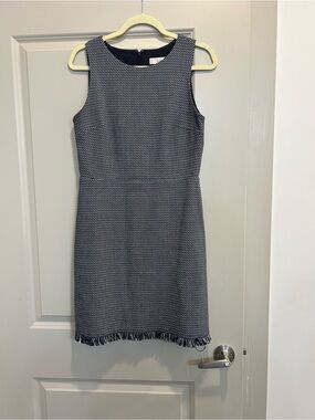 LOFT Navy and White Textured Sleeveless Mini Dress with Fringe